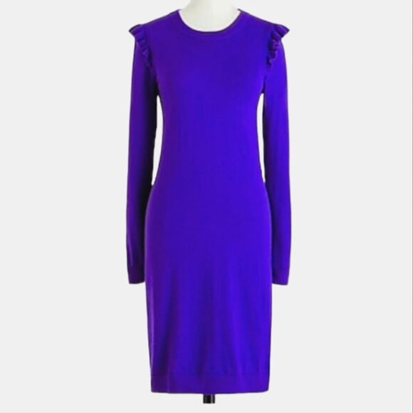 J. Crew -773 NWT Wool Blend Ruffle Hem Long Sleeve Sweater Dress Purple M - Picture 1 of 3